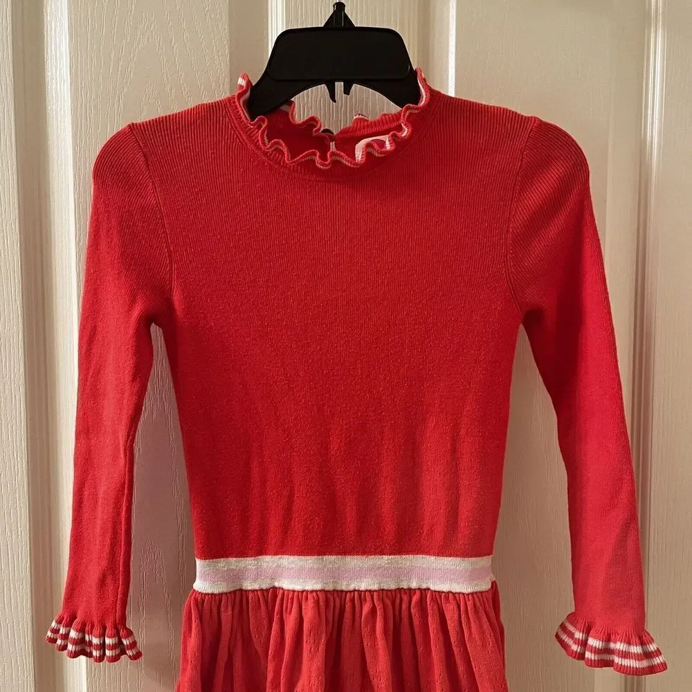Mini Boden Long Sleeve Sweater Dress Striped Ruffle Neck Cuffs Girls Size 7-8